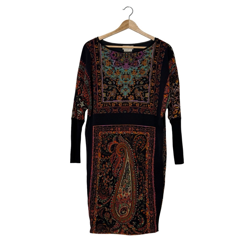 Fuzzi Made in Italy Mesh Artistic Pattern Sheath Boat Neck long sleeve dress